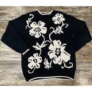 VTG 80 90 LIZ WEAR PULLOVER SWEATER SIZE Med Black Cream Floral Print Chunky